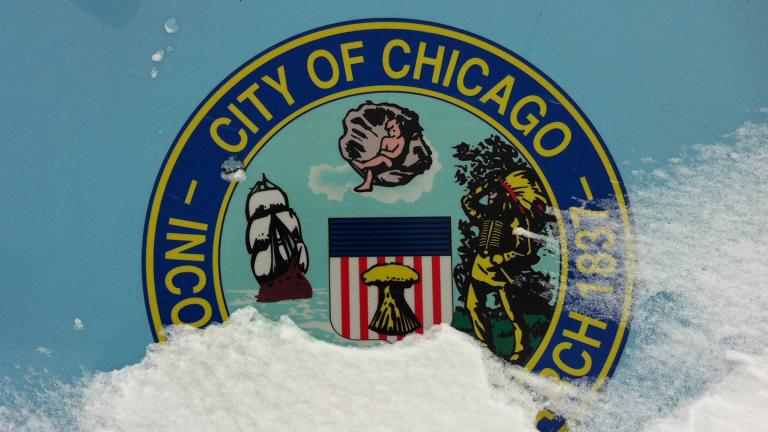 This file photo shows a City of Chicago seal on the side of a salt truck. (t3xt (talk) / Wikimedia Commons)