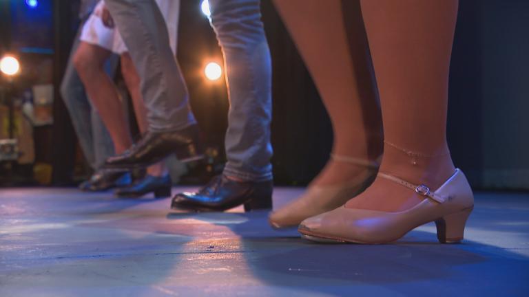Arts correspondent Angel Idowu joins dancers of Chicago Tap Theatre for a lesson during their rehearsal for “30 Feet Together, 6 Feet Apart.” (WTTW News) Arts correspondent Angel Idowu joins dancers of Chicago Tap Theatre for a lesson during their rehearsal for “30 Feet Together, 6 Feet Apart.” (WTTW News)