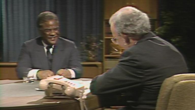 John Callaway interviews then Mayor Harold Washington on “Chicago Tonight” on April 24, 1984. (WTTW News)