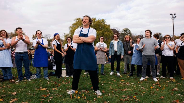 The winner, Ben Shabad stands in front to cheers while attendees vote during a Jeremy Allen White look a like at contest at Humboldt Park, Saturday, Nov. 16, 2024 in Chicago. (Anthony Vazquez / Chicago Sun-Times via AP)