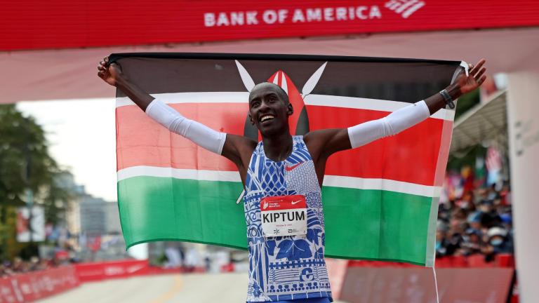 Kelvin Kiptum of Kenya celebrates his Chicago Marathon world record victory in Chicago's Grant Park on Sunday, Oct. 8, 2023. (Eileen T. Meslar / Chicago Tribune via AP)