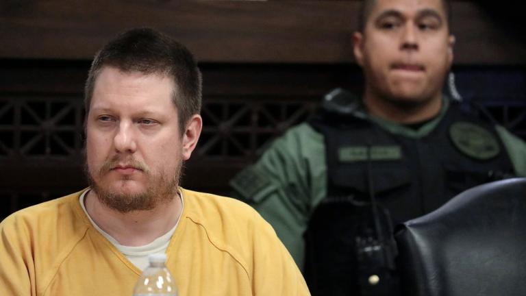 Chicago police Officer Jason Van Dyke, left, attends his sentencing hearing at the Leighton Criminal Court Building in Chicago, for the 2014 shooting of Laquan McDonald, Jan. 18, 2019. (Antonio Perez / Chicago Tribune via AP, Pool, File)