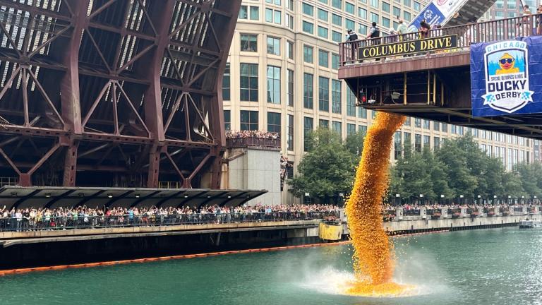 More than 90 thousand rubber ducks are dropped into the Chicago River as part of the annual Chicago Duck Derby for Special Olympics Illinois in Chicago, Thursday, Aug. 6, 2026. (AP Photo / Cybele Mayes-Osterman)