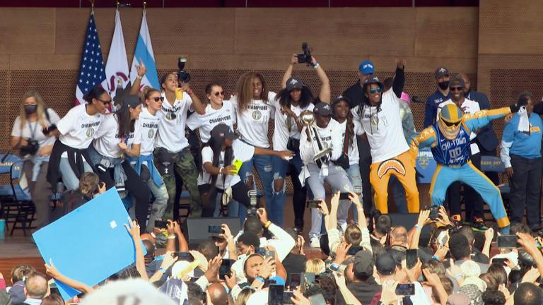 The Chicago Sky celebrate their championship win in Millenium Park. (Courtesy WNBA)