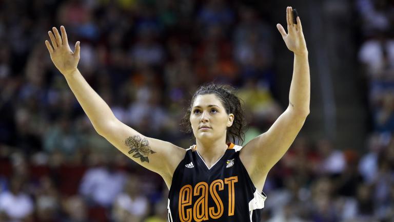 In this July 22, 2017 file photo, Chicago Sky’s Stefanie Dolson raises her hands in the second half of the WNBA All-Star basketball game in Seattle.(AP Photo / Elaine Thompson, File)