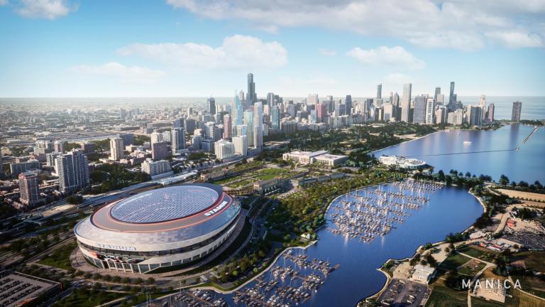 A rendering of the proposed new stadium for the Chicago Bears on a redesigned Museum Campus. (Credit: Chicago Bears)