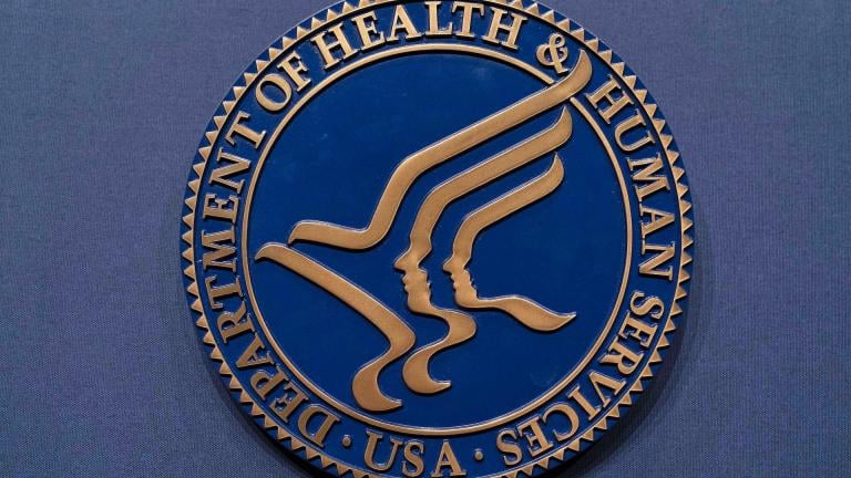 The Health and Human Services seal is seen before the news conference of Secretary Robert F. Kennedy Jr. at the Hubert Humphrey Building Auditorium in Washington, Wednesday, April 16, 2025. (AP Photo / Jose Luis Magana, File)