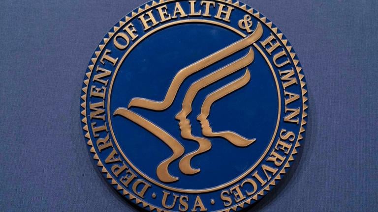The Health and Human Services seal is seen before the news conference of Secretary Robert F. Kennedy Jr. at the Hubert Humphrey Building Auditorium in Washington, Wednesday, April 16, 2025. (AP Photo / Jose Luis Magana, File)
