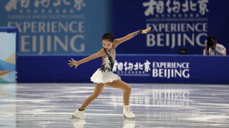 Chinese figure skater Xu Jingyu performs her women’s single skating short program during a test event for the 2022 Beijing Winter Olympics at the Capital Indoor Stadium in Beijing, Sunday, April 4, 2021. (AP Photo / Andy Wong)