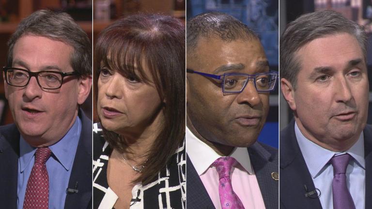 Democratic candidates for Cook County Circuit Court Clerk, from left: Jacob Meister, Iris Martinez, Richard Boykin and Michael Cabonargi appear on a “Chicago Tonight” candidate forum. (WTTW News)