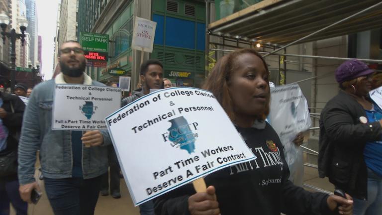 City Colleges of Chicago employees march downtown on Wednesday, May 1, 2019. They are demanding a fair contract. (WTTW News)