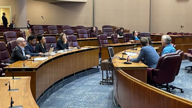The Chicago Commission on Landmarks meets on Thursday, June 8, 2023, in a nearly empty Council Chambers at Chicago City Hall. (Heather Cherone/WTTW News)