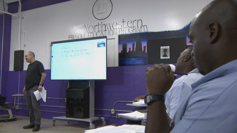 Men at Stateville Correctional Center participate in a class through Northwestern University’s Prison Education Program on Aug. 15, 2022. (WTTW News)