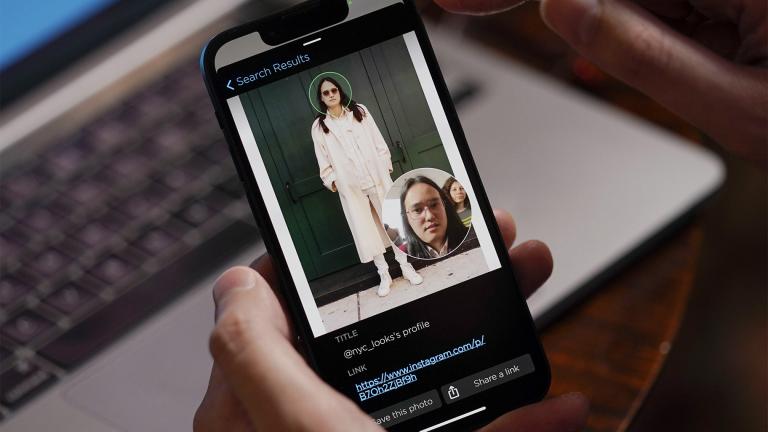 Hoan Ton-That, CEO of Clearview AI, demonstrates the company's facial recognition software using a photo of himself in New York on Tuesday, Feb. 22, 2022.  (AP Photo / Seth Wenig, File)