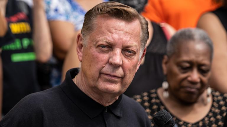 Father Michael Pfleger speaks during a news conference outside St. Sabina Church in Chicago, May 24, 2021. (Ashlee Rezin Garcia / Chicago Sun-Times via AP, file)