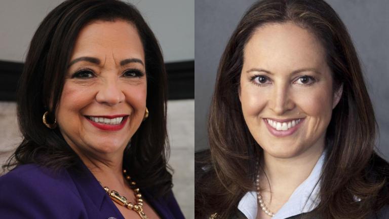 Incumbent Cook County Circuit Court Clerk Iris Martinez (left) faces a challenge from Mariyana Spyropoulos (right), a member of the Metropolitan Water Reclamation District. (Provided)