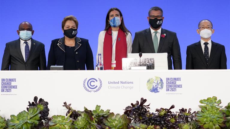 Dr. Hoesung Lee, chair of the IPCC (Intergovernmental Panel on Climate Change), Alok Sharma, President of the COP26 summit, outgoing COP president Carolina Schmidt, Patricia Espinosa, UNFCCC Executive-Secretary and UNGA President Abdulla Shahid, from right, attend the Procedural Opening of the COP26 U.N. Climate Summit in Glasgow, Scotland, Sunday, Oct. 31, 2021. (AP Photo / Alberto Pezzali, Pool)