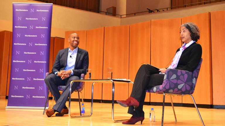 Ta-Nehisi Coates discusses politics, race, journalism and identity at Northwestern University on Jan. 31. (Maya Miller / Chicago Tonight)