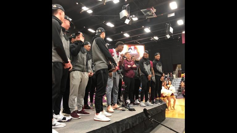 Loyola Ramblers players and fans attend a rally at Gentile Arena on Sunday, March 25, 2018. (Virginia Barreda / Chicago Tonight)