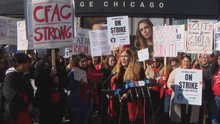 Part-time faculty members at Columbia College hold a press conference in downtown on Oct. 30, 2023. (WTTW News)
