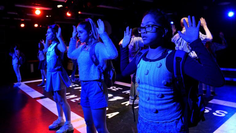 From left: Liliana Mastroianni, Cleo Shine and Thavory Hang in The Yard’s production of “Columbinus.” (Credit: Evan Hanover)