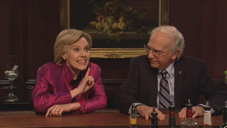 Kate McKinnon and Larry David portray Democratic candidates Hillary Clinton and Bernie Sanders in a “Saturday Night Live” sketch that aired in May 2016. (Courtesy NBC)