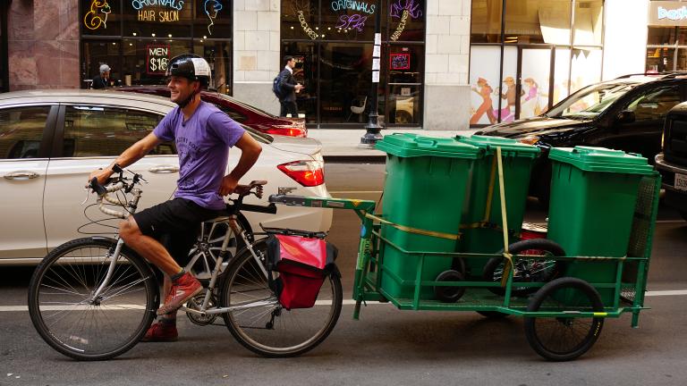 Jonathan Scheffel takes a break at a red light. (Alexandra Silets / Chicago Tonight)