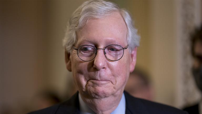 Senate Minority Leader Mitch McConnell, R-Ky., smiles as he and the GOP leadership speak to reporters after a weekly GOP policy meeting, at the Capitol in Washington, Tuesday, Sept. 21, 2021.  (AP Photo / J. Scott Applewhite)