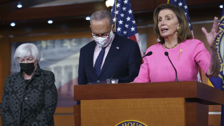 Speaker of the House Nancy Pelosi, D-Calif., right, Treasury Secretary Janet Yellen, left, and Senate Majority Leader Chuck Schumer, D-N.Y., update reporters on Democratic efforts to pass President Joe Biden’s “Build Back Better” agenda, at the Capitol in Washington, Thursday, Sept. 23, 2021. (AP Photo / J. Scott Applewhite)