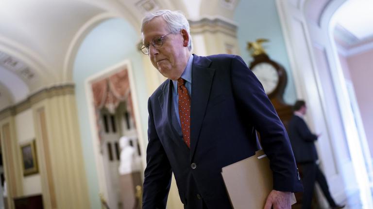 Senate Minority Leader Mitch McConnell, R-Ky., walks to the chamber for a test vote on a government spending bill, at the Capitol in Washington, Monday, Sept. 27, 2021. (AP Photo / J. Scott Applewhite)