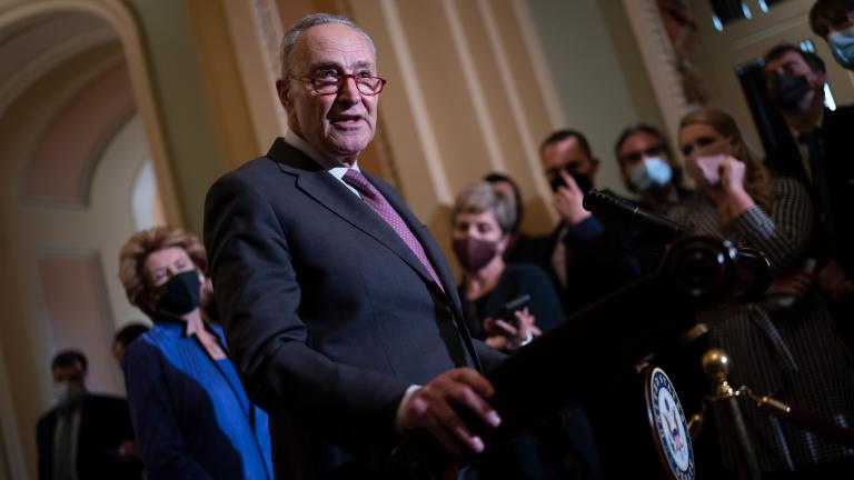 Senate Majority Leader Chuck Schumer, D-N.Y., speaks to reporters after a Democratic policy meeting at the Capitol in Washington, Tuesday, Dec. 14, 2021. (AP Photo / J. Scott Applewhite)