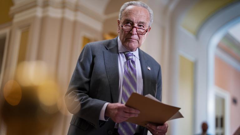 Senate Minority Leader Chuck Schumer, D-N.Y., looks over notes as Senate Republicans work to cancel $9.4 billion in previously approved spending targeted by DOGE, at the Capitol in Washington, Tuesday, July 15, 2025. (AP Photo / J. Scott Applewhite)