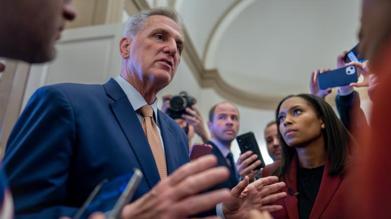 Speaker of the House Kevin McCarthy, R-Calif., is questioned by reporters after the GOP leader spoke privately to his Republican colleagues, at the Capitol in Washington, Tuesday, May 23, 2023. (J. Scott Applewhite / AP Photo)