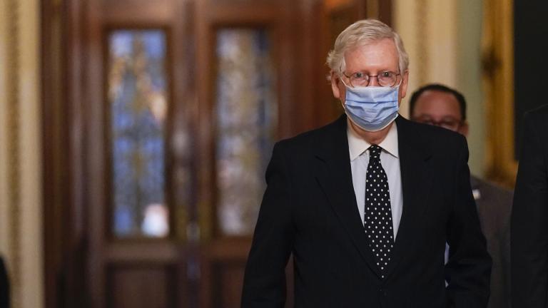 In this Jan. 6, 2021, photo, Senate Majority Leader Mitch McConnell of Ky., walks from the Senate floor to his office on Capitol Hill in Washington. (AP Photo / Manuel Balce Ceneta)