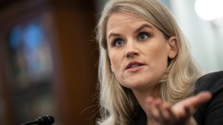 Former Facebook employee and whistleblower Frances Haugen testifies during a Senate Committee on Commerce, Science, and Transportation hearing on Capitol Hill on Tuesday, Oct. 5, 2021, in Washington. (Drew Angerer / Pool via AP)