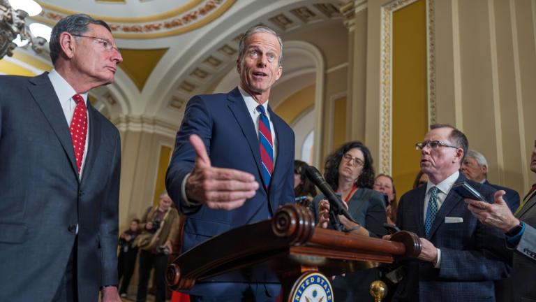 Senate Majority Leader John Thune, R-S.D., joined at left by Sen. John Barrasso, R-Wyo., speaks to reporters after a closed-door meeting with fellow Republicans, at the Capitol in Washington, Tuesday, Dec. 9, 2025. (AP Photo / J. Scott Applewhite)