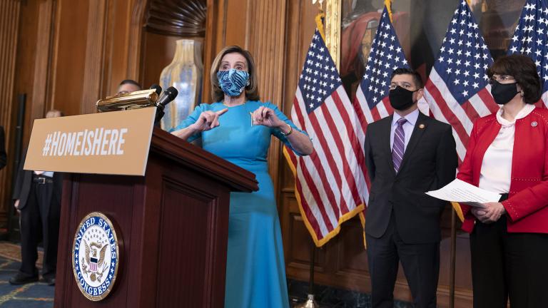 Speaker of the House Nancy Pelosi, D-Calif., joined at right by Rep. Raul Ruiz, D-Calif., chairman of the House Hispanic Caucus, and Rep. Lucille Roybal-Allard, D-Calif., discusses the upcoming vote on the American Dream and Promise Act of 2021, a bill to help reform the immigration system, at the Capitol in Washington, Thursday, March 18, 2021. (AP Photo / J. Scott Applewhite)