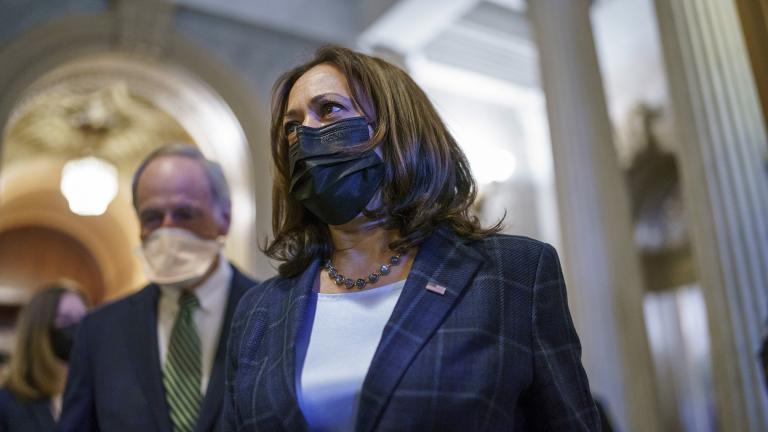 Vice President Kamala Harris departs the Capitol after the Senate voted to advance the $1 trillion bipartisan infrastructure bill, at the Capitol in Washington, Saturday, Aug. 7, 2021. (AP Photo / J. Scott Applewhite)