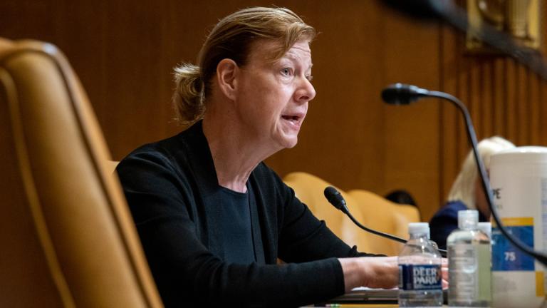 Sen. Tammy Baldwin, D-Wis., speaks during the Senate Appropriations Committee Subcommittee on Defense, May 3, 2022, on Capitol Hill in Washington. (Amanda Andrade-Rhoades / The Washington Post via AP, Pool, File)