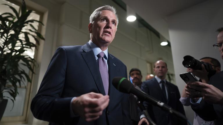 Speaker of the House Kevin McCarthy, R-Calif., talks to reporters after a closed-door meeting with Rep. Matt Gaetz, R-Fla., and other House Republicans after Gaetz filed a motion to oust McCarthy from his leadership role, at the Capitol in Washington, Tuesday, Oct. 3, 2023. (AP Photo / J. Scott Applewhite)