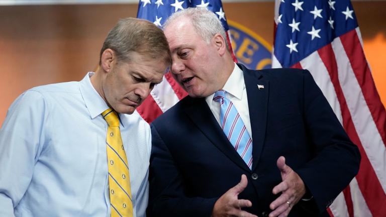 Rep. Jim Jordan, R-Ohio, left, and Rep. Steve Scalise, R-La., confer during a news conference at the Capitol in Washington, Wednesday, June 8, 2022. (AP Photo / J. Scott Applewhite, File)