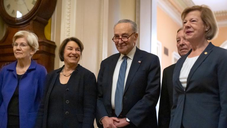 Senators, from left, Sen. Elizabeth Warren, D-Mass., Sen. Amy Klobuchar, D-Minn., Senate Majority Leader Chuck Schumer of N.Y., Sen. Dick Durbin, D-Ill., and Sen. Tammy Baldwin, D-Wis., gather after Senate Democratic leadership elections for the next session of Congress on Capitol Hill, Tuesday, Dec. 3, 2024, in Washington. (AP Photo / Mark Schiefelbein)