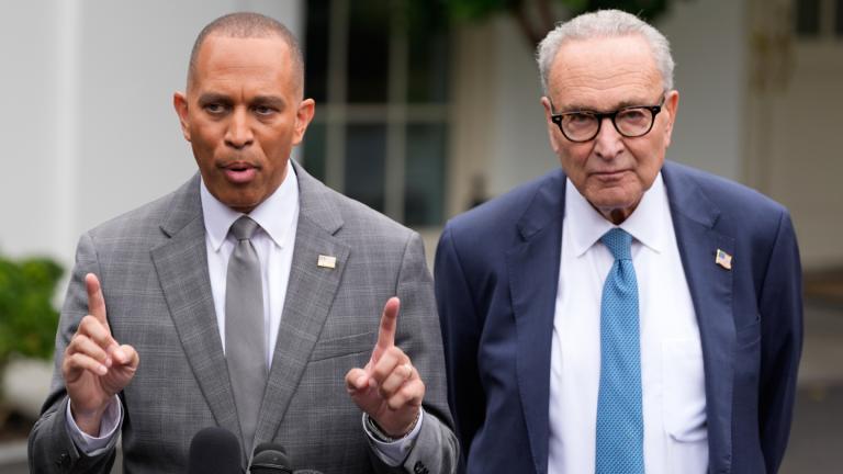 House Minority Leader Hakeem Jeffries, D-N.Y., and Senate Minority Leader Chuck Schumer of N.Y., talk to reporters outside the West Wing of the White House, Monday, Sept. 29, 2025, in Washington. (AP Photo / Alex Brandon)