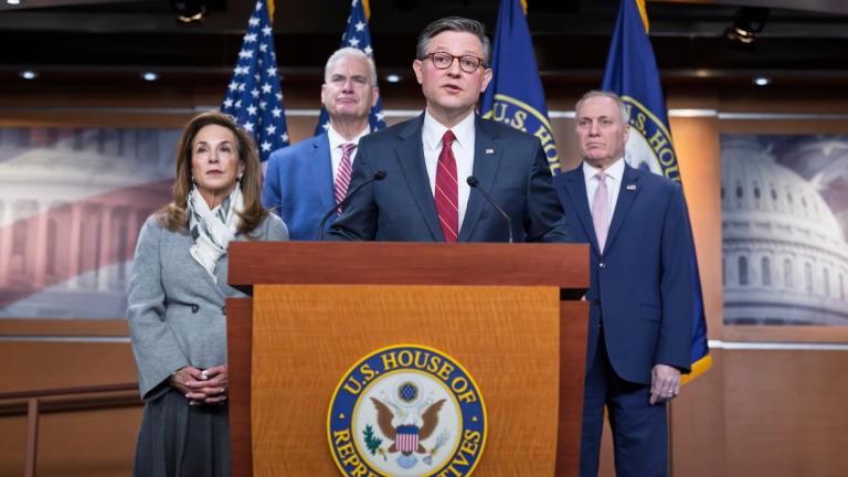 Speaker of the House Mike Johnson, R-La., center, joined from left by Rep. Lisa McClain, R-Mich., chair of the House Republican Conference, Majority Whip Tom Emmer, R-Minn., and Majority Leader Steve Scalise, R-La., meets with reporters ahead of a key procedural vote to end the partial government shutdown, at the Capitol in Washington, Tuesday, Feb. 3, 2026. (AP Photo/J. Scott Applewhite)