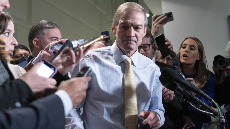 Rep. Jim Jordan, R-Ohio, chairman of the House Judiciary Committee leaves the Republican caucus meeting at the Capitol in Washington, Thursday, Oct. 19, 2023. (AP Photo / Jose Luis Magana)