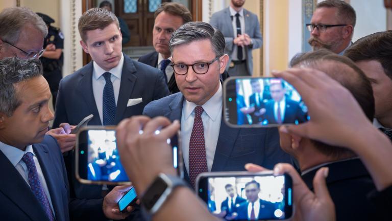 Speaker of the House Mike Johnson, R-La., stops to answer reporters about calls to release documents related to Jeffrey Epstein, at the Capitol in Washington, Monday, July 21, 2025. (J. Scott Applewhite / AP Photo)