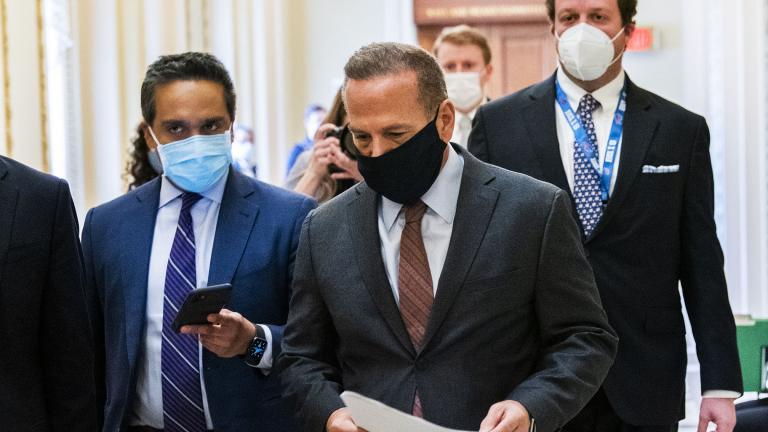 Rep. David Cicilline, D-R.I., is followed by reporters as he walks outside the House Chamber at the Capitol, Monday, Jan. 11, 2021, in Washington. (AP Photo / Manuel Balce Ceneta)