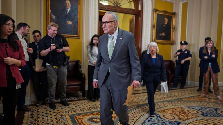Senate Minority Leader Chuck Schumer, D-N.Y., arrives to speak with reporters at the Capitol in Washington, Tuesday, March 3, 2026. (AP Photo/J. Scott Applewhite)