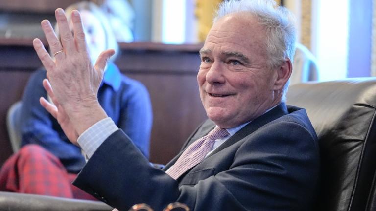 Sen. Tim Kaine, D-Va., speaks to reporters about a war powers resolution regarding Venezuela on Capitol Hill, Wednesday, Jan. 7, 2026, in Washington. (AP Photo / Mariam Zuhaib)