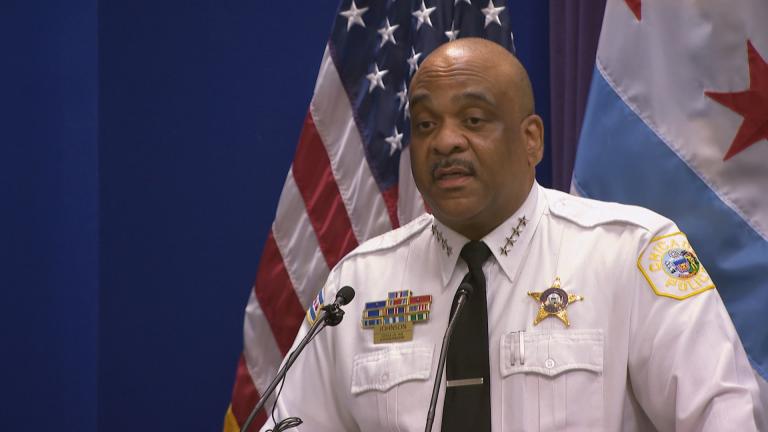Chicago Police Superintendent Eddie Johnson talks Thursday, Sept. 6, 2018 about a new agreement for tracking gun-pointing instances in the police department. (Chicago Tonight) Chicago Police Superintendent Eddie Johnson talks Thursday, Sept. 6, 2018 about a new agreement for tracking gun-pointing instances in the police department. (Chicago Tonight)